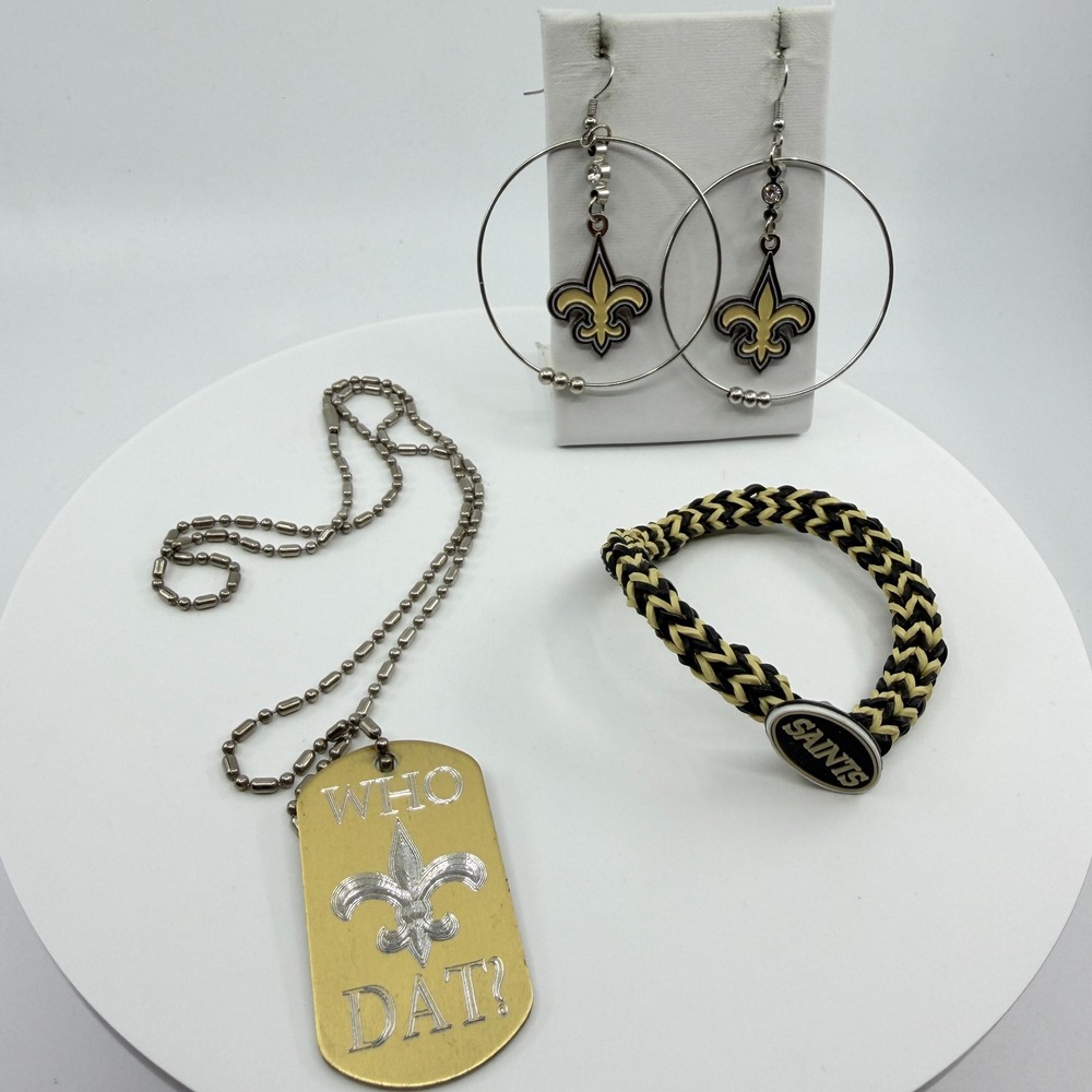 Y2K Orleans Saints Fan Jewelry Lot: Hoop Earrings, Braided Bracelet,